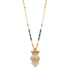 Long temple necklace with maroon pearls radiates classic festival opulence.
