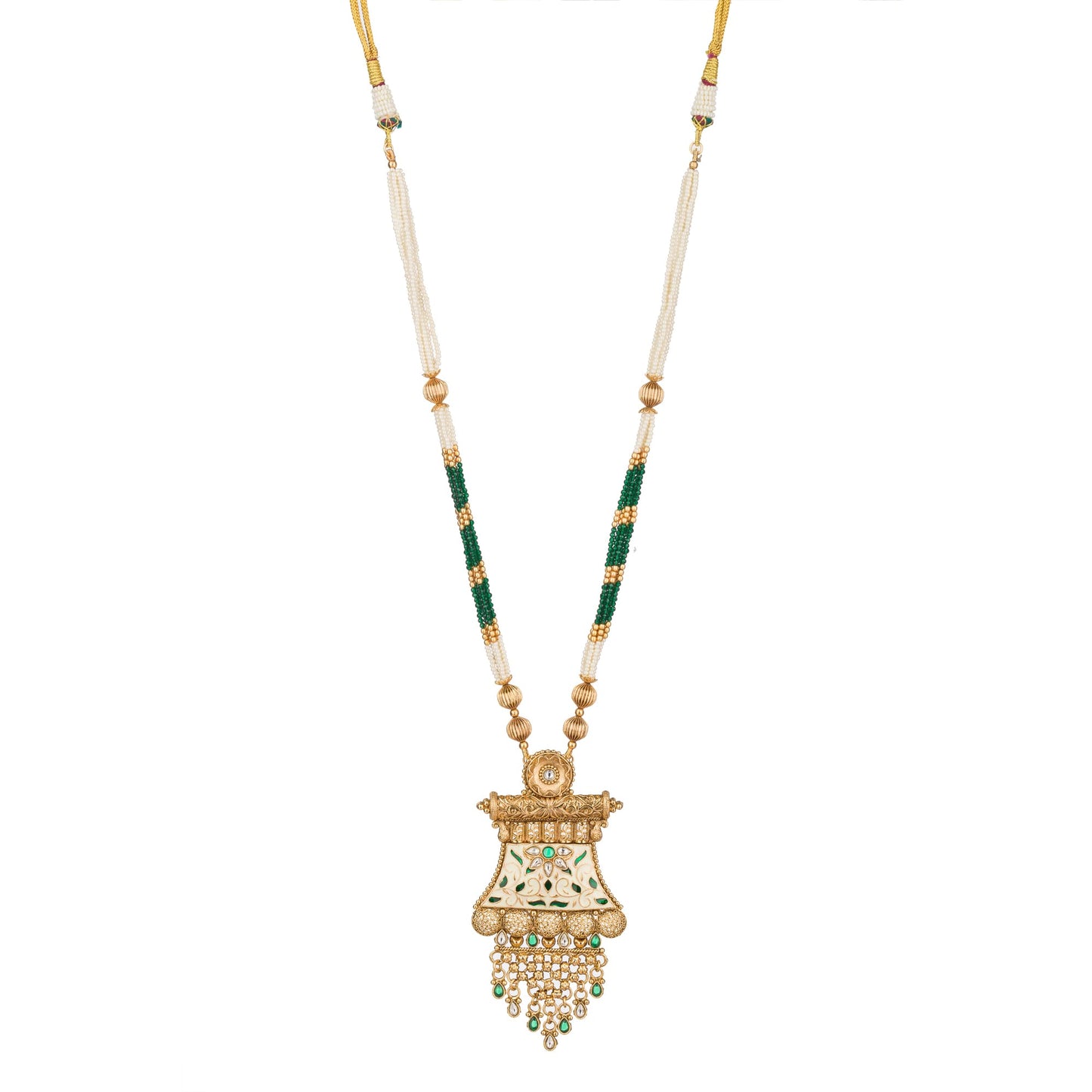 A PINK AND WHITE AND GREEN GOLD-TONE LONG NECKLACE OFFERS ELEGANT, MODERN CHARM.