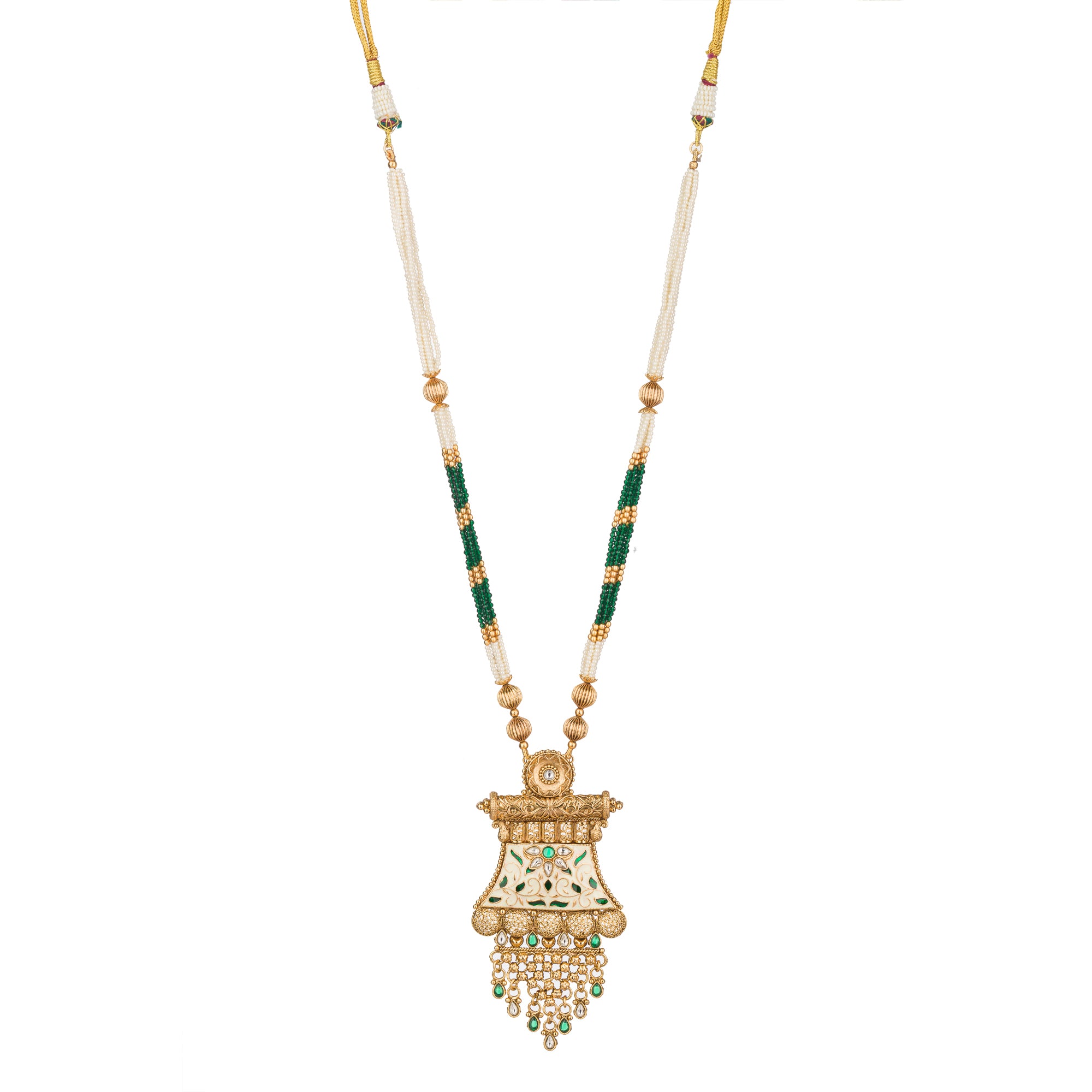 Long temple necklace with maroon pearls radiates classic festival opulence.
