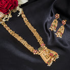 Long temple necklace with white pearls radiates timeless golden elegance for festive occasions.
