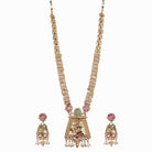 Long temple necklace with white pearls radiates timeless golden elegance for festive occasions.
