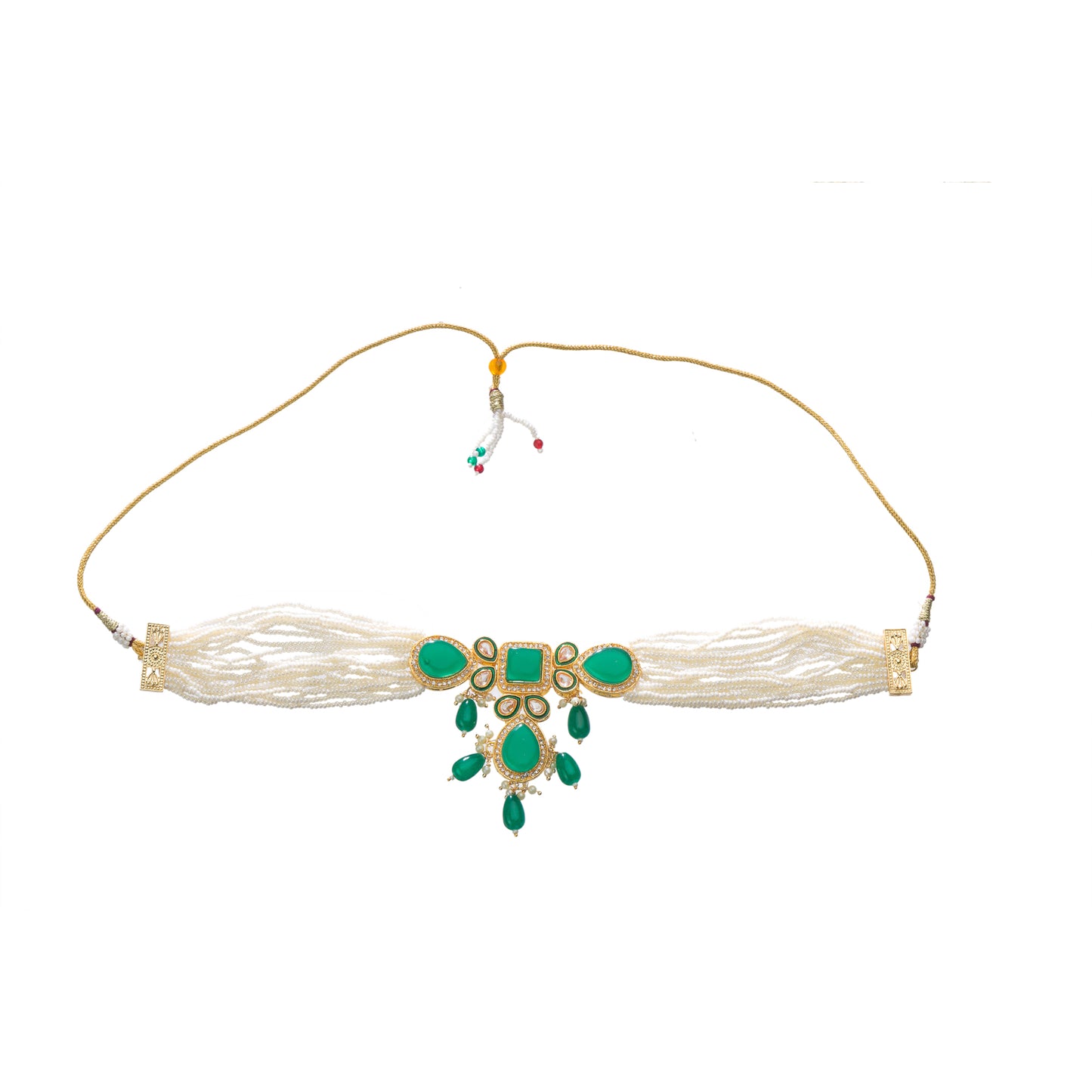 A GREEN KUNDAN AND WHITE PEARL CHOKER OFFERS ELEGANT, VIBRANT FLAIR.