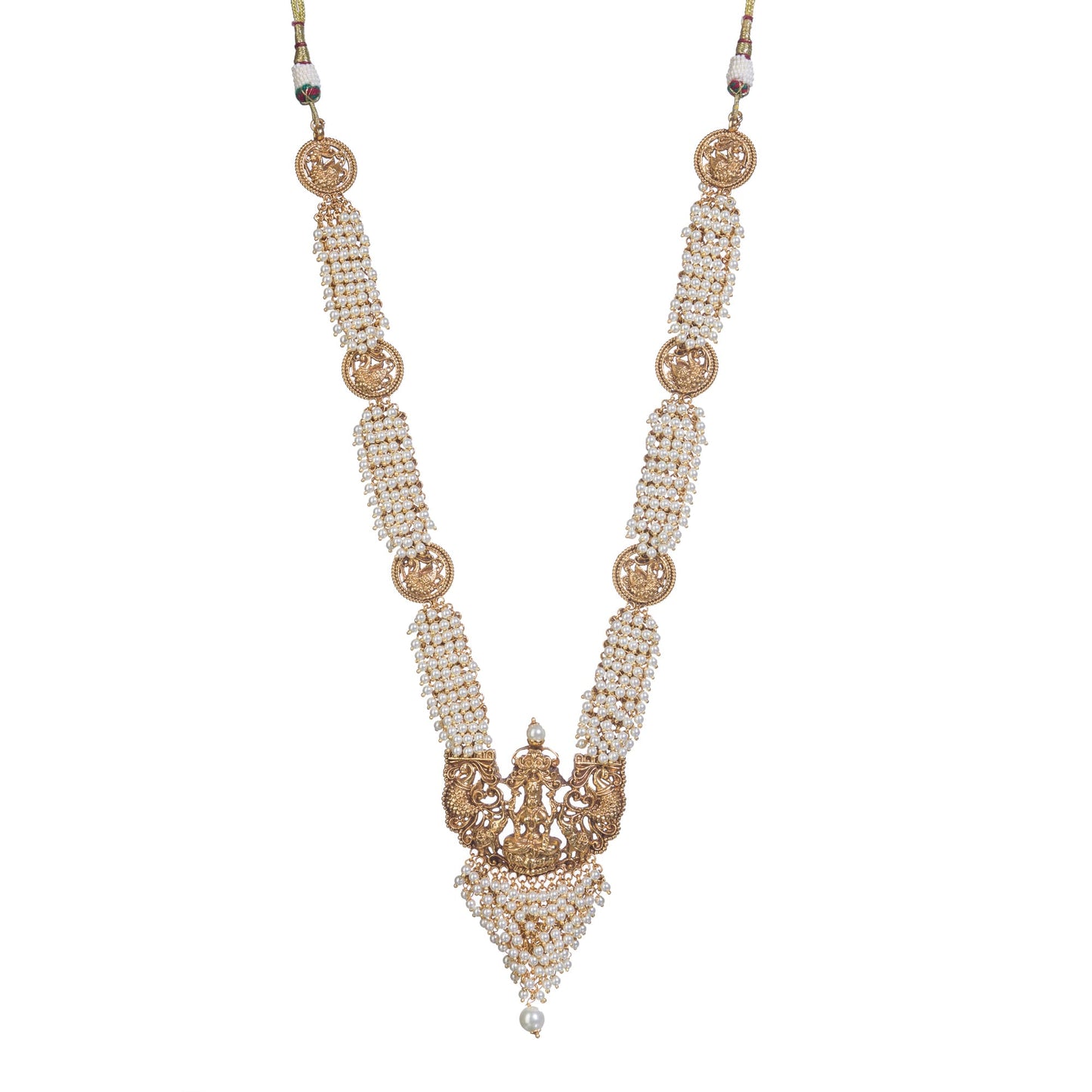 LUXURIOUS TEMPLE LONG NECKLACE ADORNED WITH WHITE PEARLS FOR A REFINED AND OPULENT TOUCH.