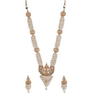 Luxurious temple long necklace with white pearls radiates opulence and refined elegance for festivals.
