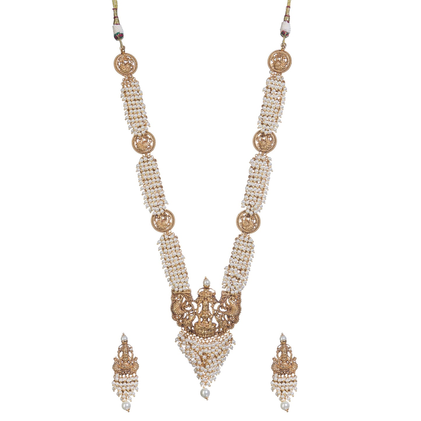 LUXURIOUS TEMPLE LONG NECKLACE ADORNED WITH WHITE PEARLS FOR A REFINED AND OPULENT TOUCH.