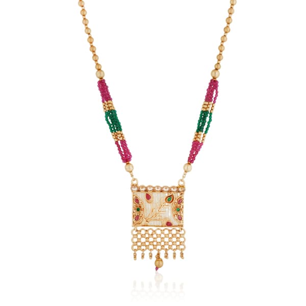 A GOLD LONG NECKLACE WITH MULTI-COLOR STONES OFFERS VIBRANT ELEGANCE.