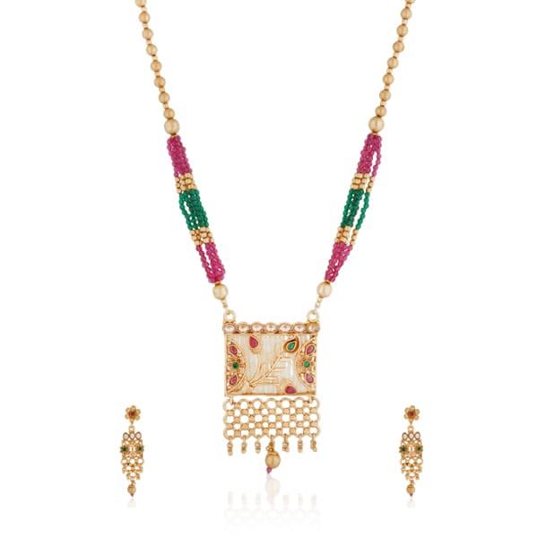 A GOLD LONG NECKLACE WITH MULTI-COLOR STONES OFFERS VIBRANT ELEGANCE.