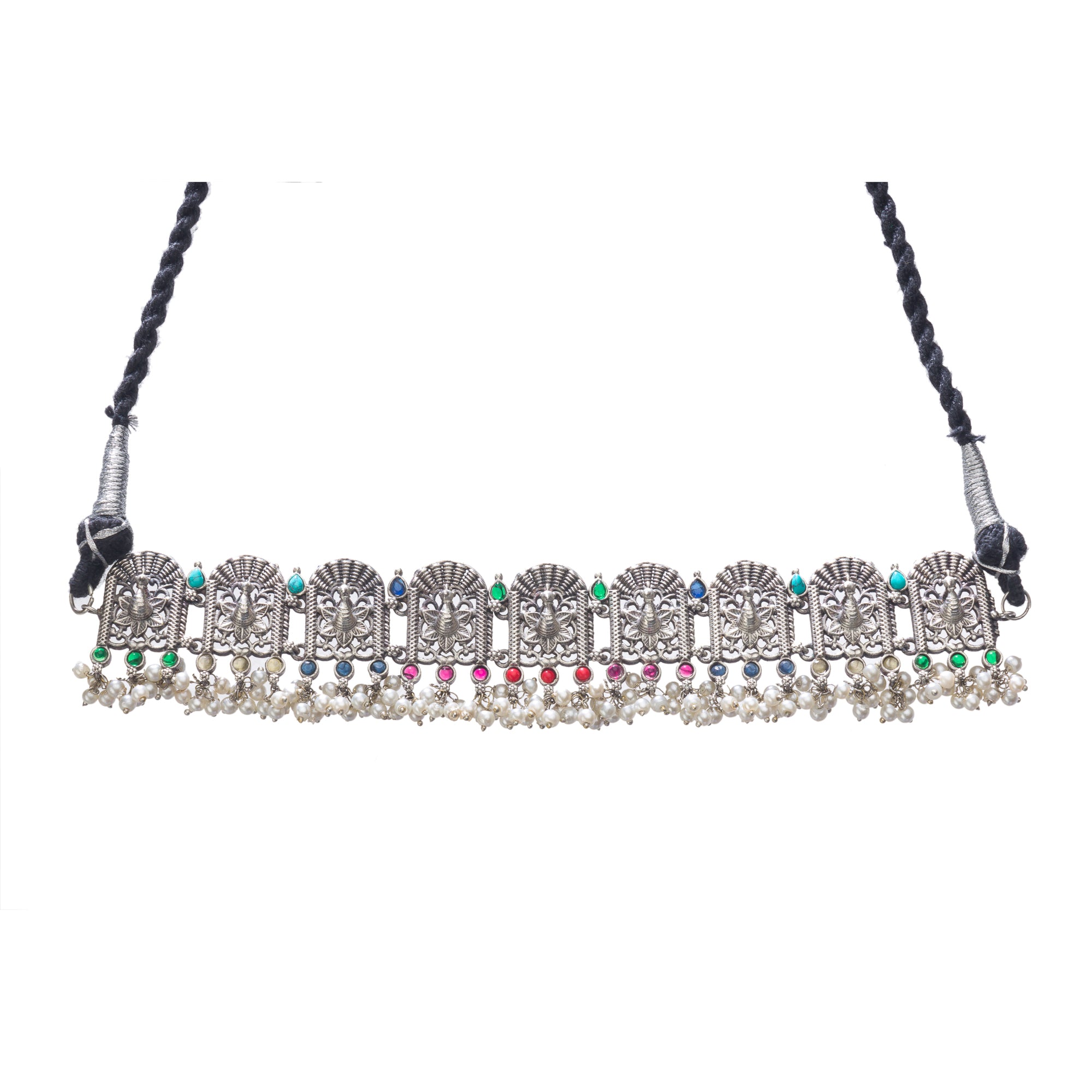 "Oxidized peacock choker with white pearls and colorful stones radiates vintage charm."
