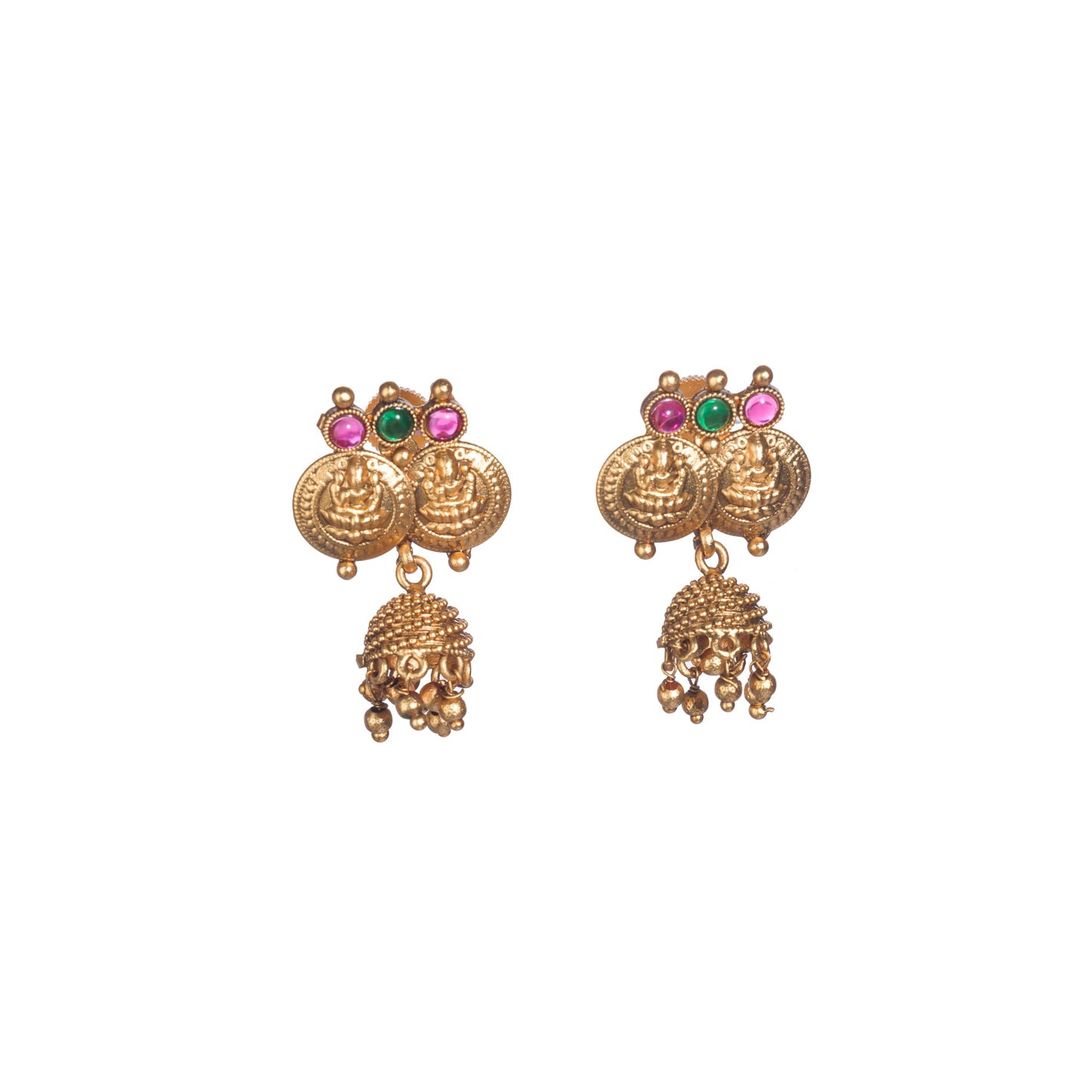 COIN-STYLE GOLD-TONE TEMPLE JEWELRY EXUDES CLASSIC ELEGANCE AND TRADITION.