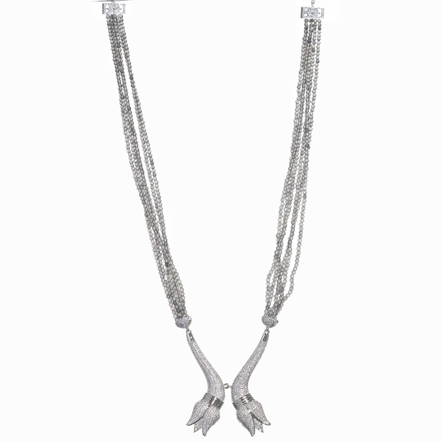 A TRENDY LONG NECKLACE WITH GREY AND SILVER ZIRCON TOUCHES COMBINES MODERN STYLE WITH A SLEEK, SOPHISTICATED SPARKLE.