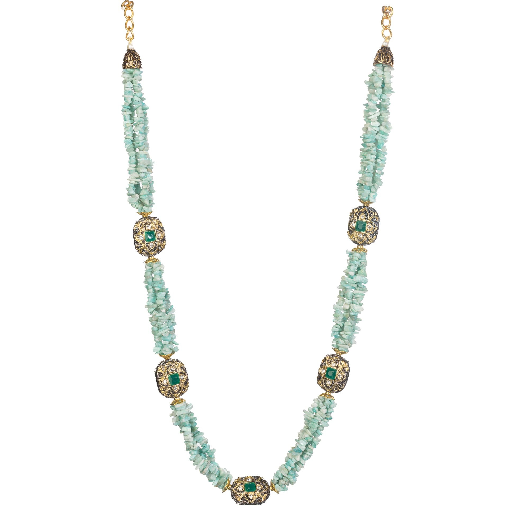 "Gold-tone long necklace with green sea stone offers a refreshing, natural touch."
