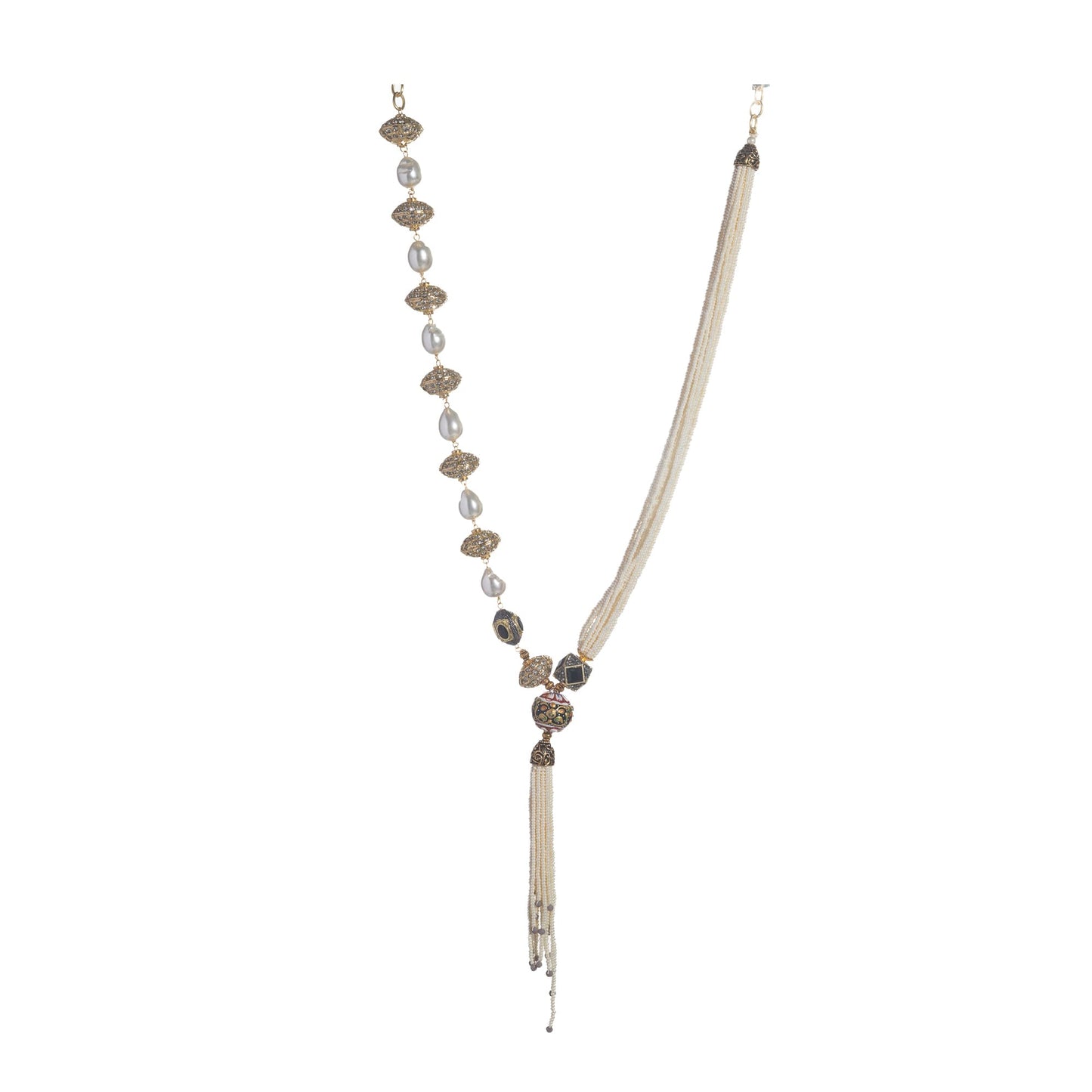 ELEGANT PEARL LONG NECKLACE WITH A GOLDEN TOUCH FOR A REFINED AND GLAMOROUS FINISH.