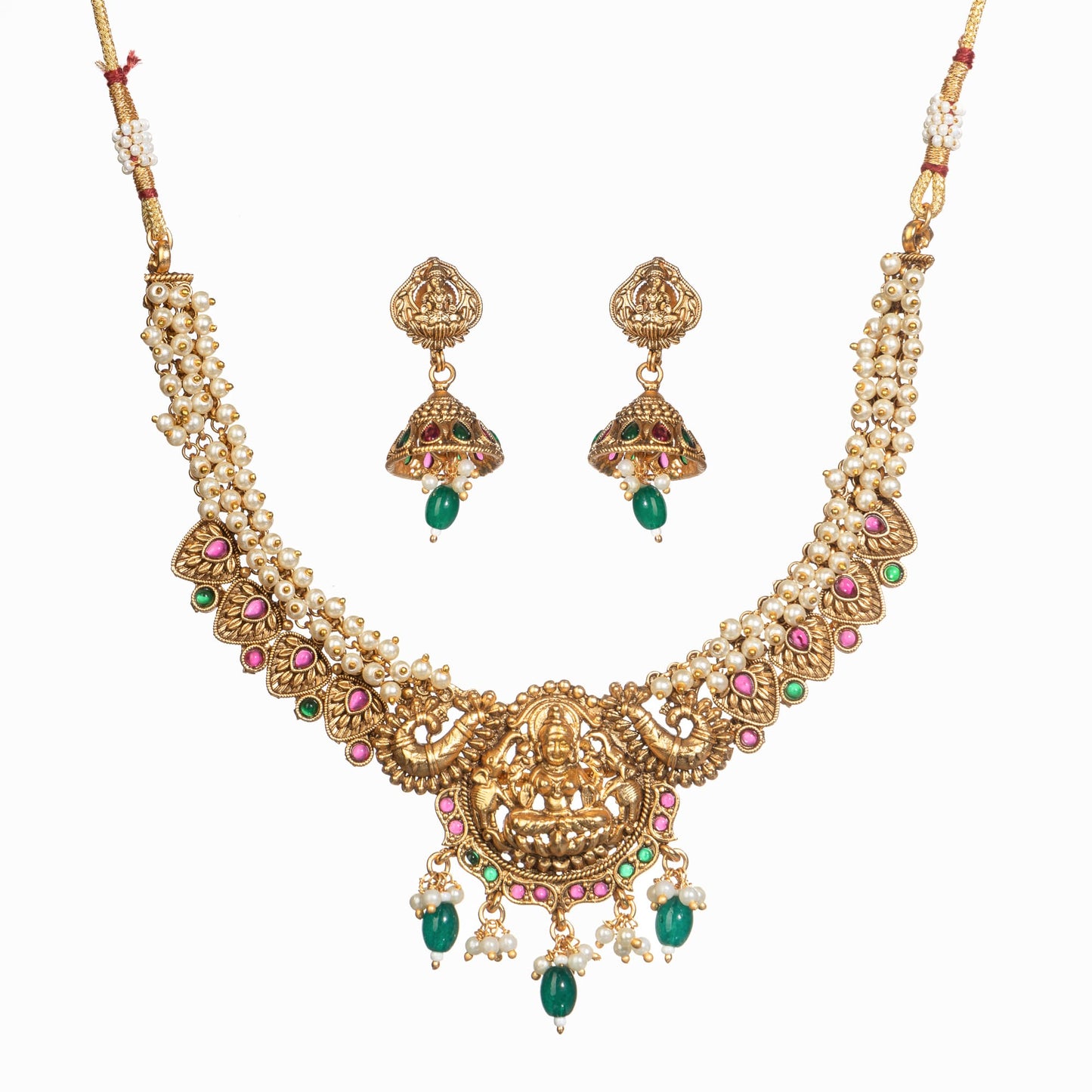 GOLD TONE NECKLACE WITH WHITE PEARL AND GREEN KUNDAN