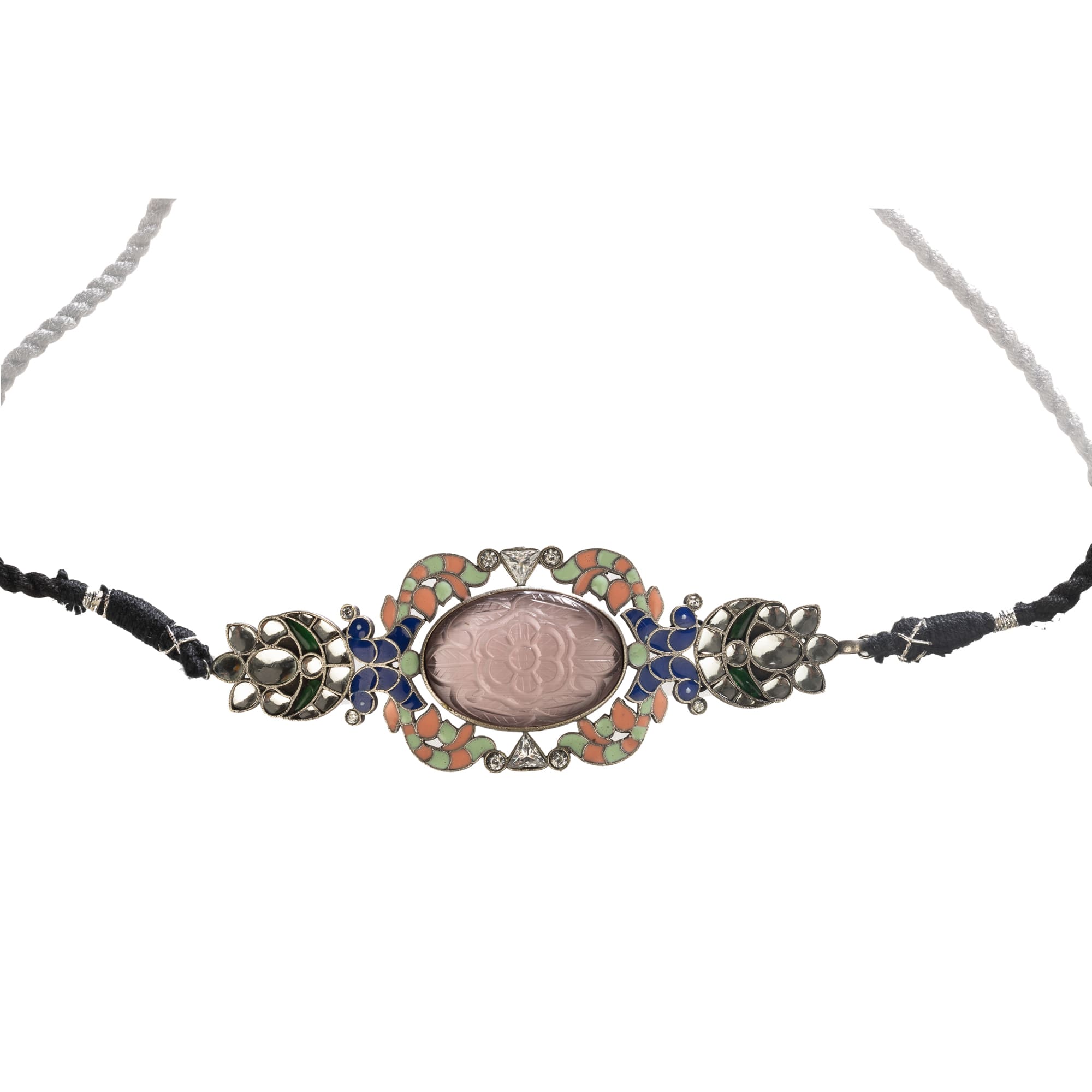 Oxidised choker set with multi-colour stones for a vintage-inspired, antique finish.
