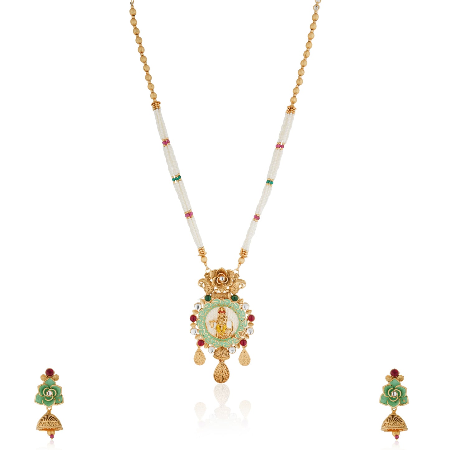 GOLDTONE LONG NECKLACE SET WITH KRISHNA IDEOL