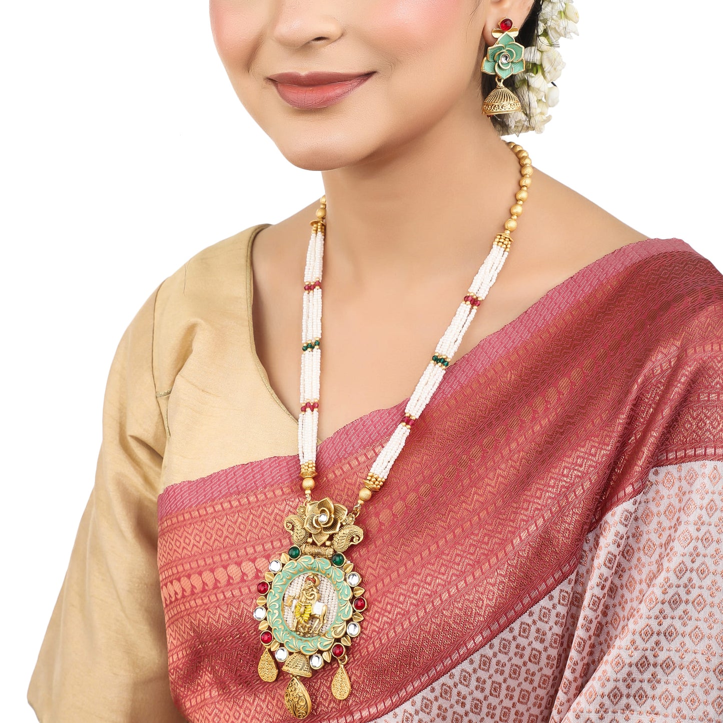 GOLDTONE LONG NECKLACE SET WITH KRISHNA IDEOL