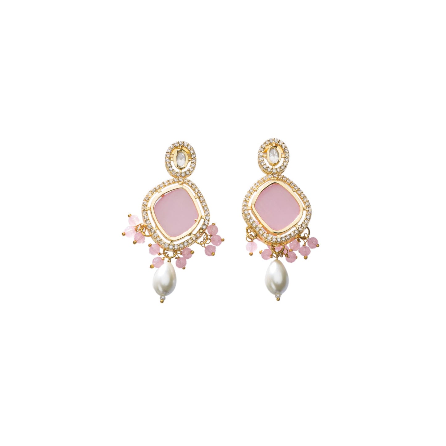 A WHITE PEARL EARRING WITH A PINK STONE IN THE MIDDLE COMBINES CLASSIC ELEGANCE WITH A TOUCH OF VIBRANT, ROMANTIC COLOR.