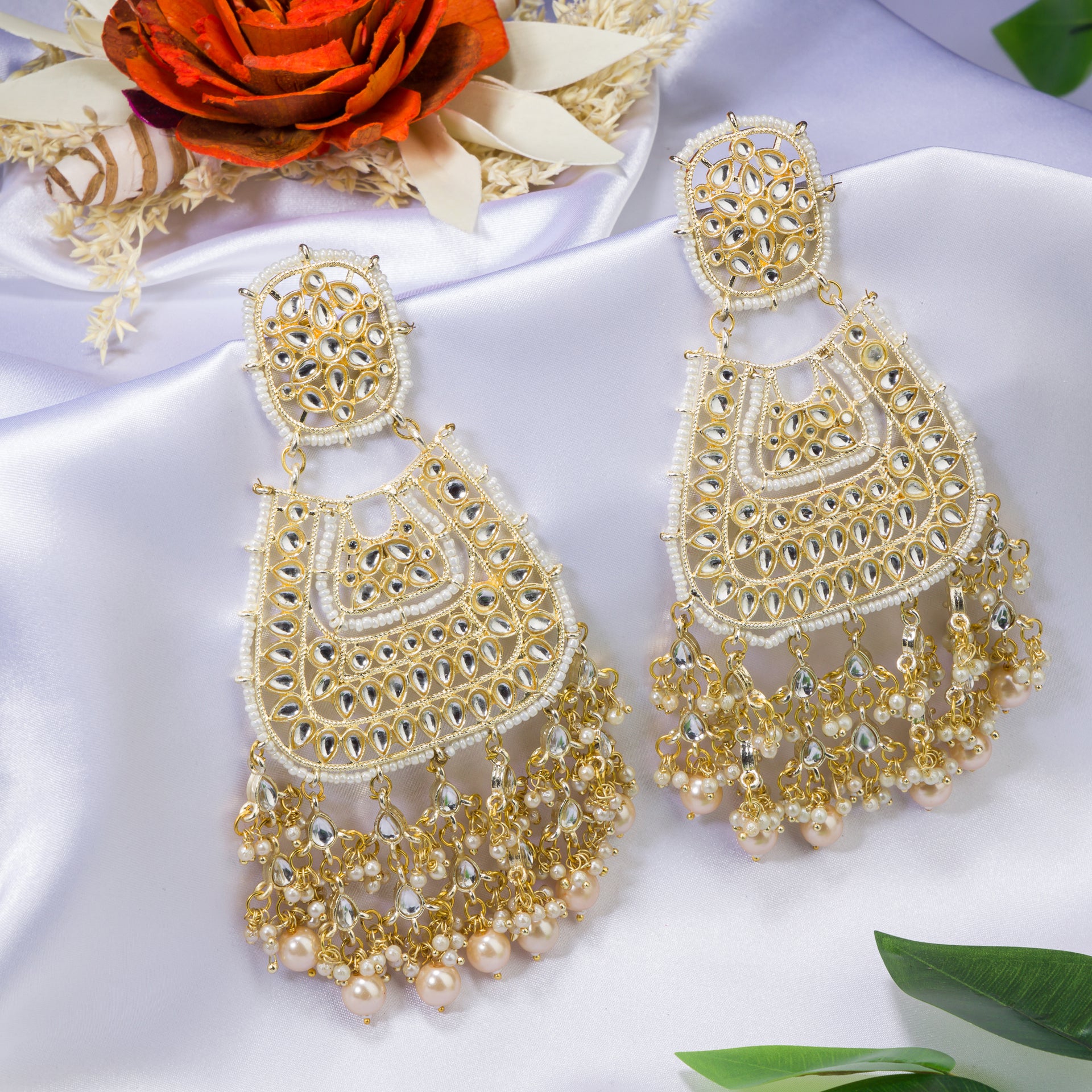 STUNNING WHEAT COLOUR KUNDAN BIG EARRINGS - Main Image