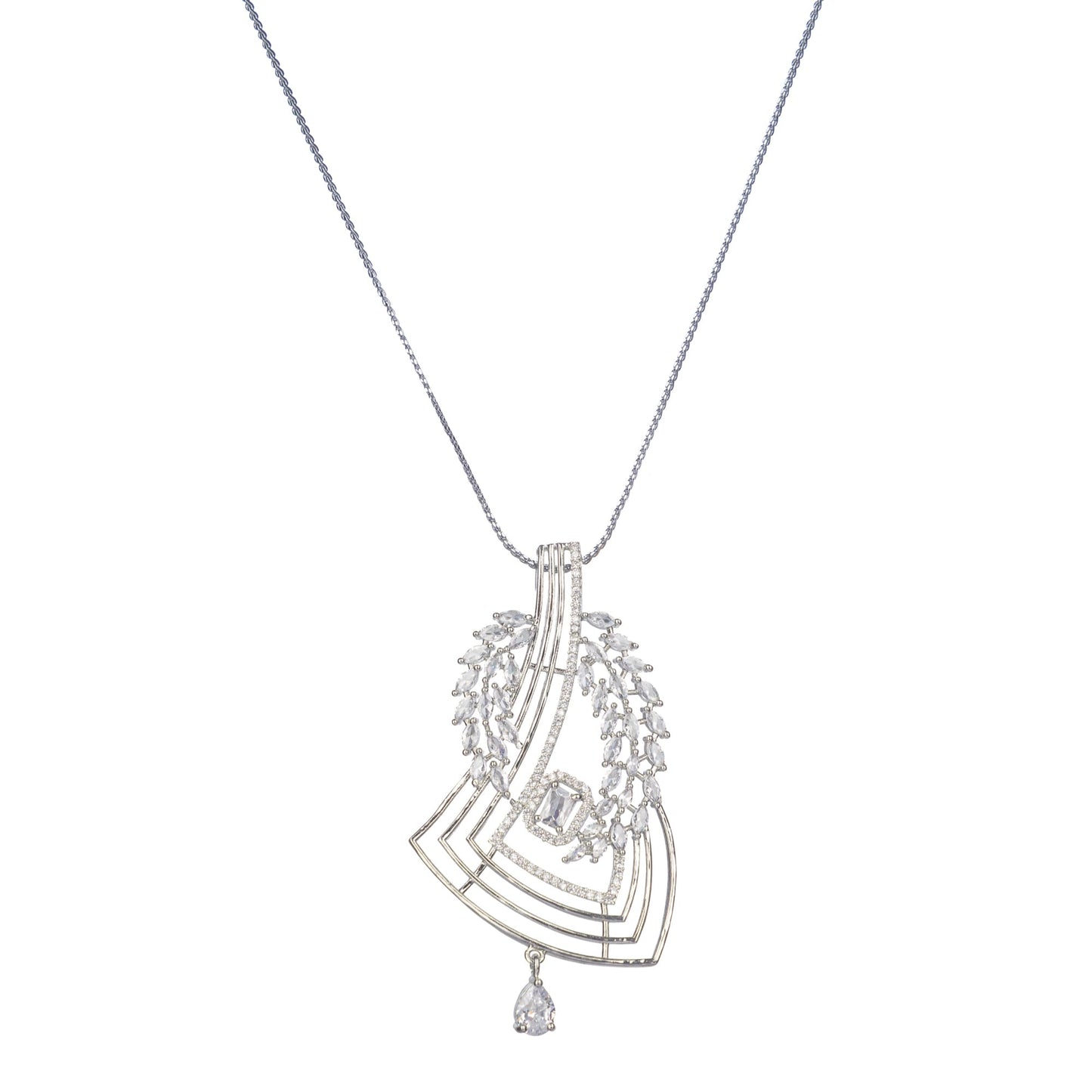 A SILVER ZIRCON PENDANT SET SHINES WITH REFINED ELEGANCE.