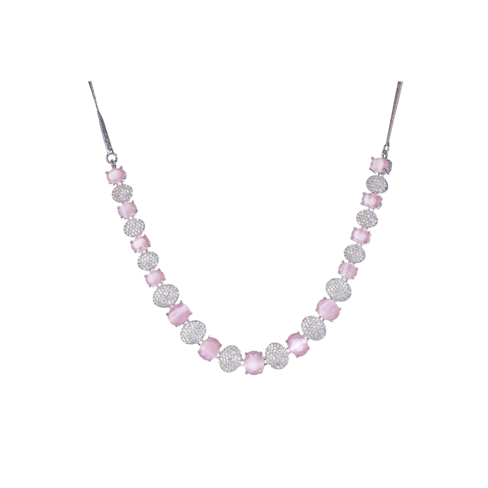 Pink and white zircon stones combine for a vibrant, elegant necklace design.
