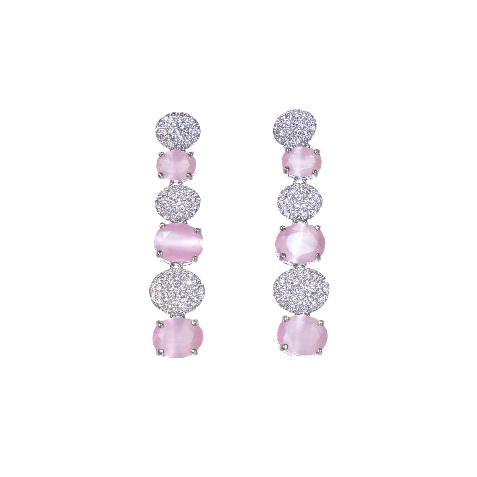 Pink and white zircon stones combine for a vibrant, elegant necklace design.
