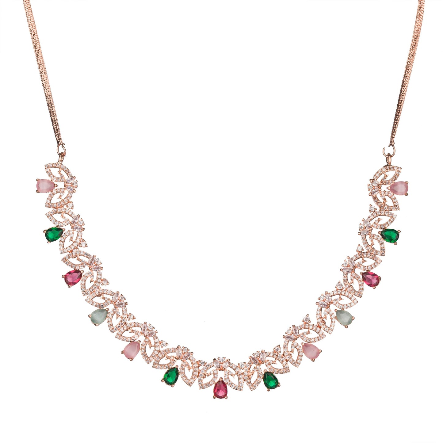 ELEGANT ROSE GOLD NECKLACE SET ADORNED WITH MULTI-COLOR ZIRCON STONES FOR A VIBRANT AND SOPHISTICATED LOOK.