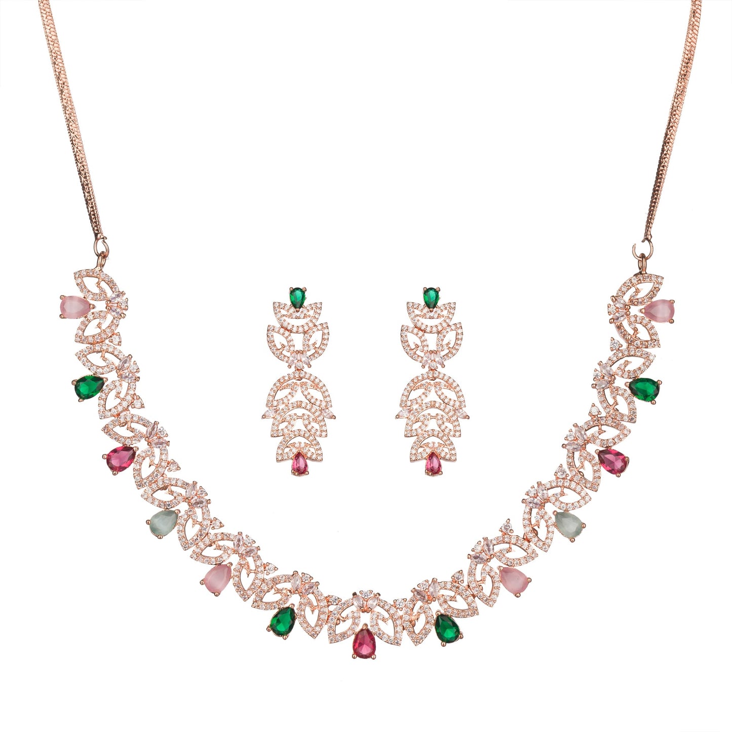 ELEGANT ROSE GOLD NECKLACE SET ADORNED WITH MULTI-COLOR ZIRCON STONES FOR A VIBRANT AND SOPHISTICATED LOOK.