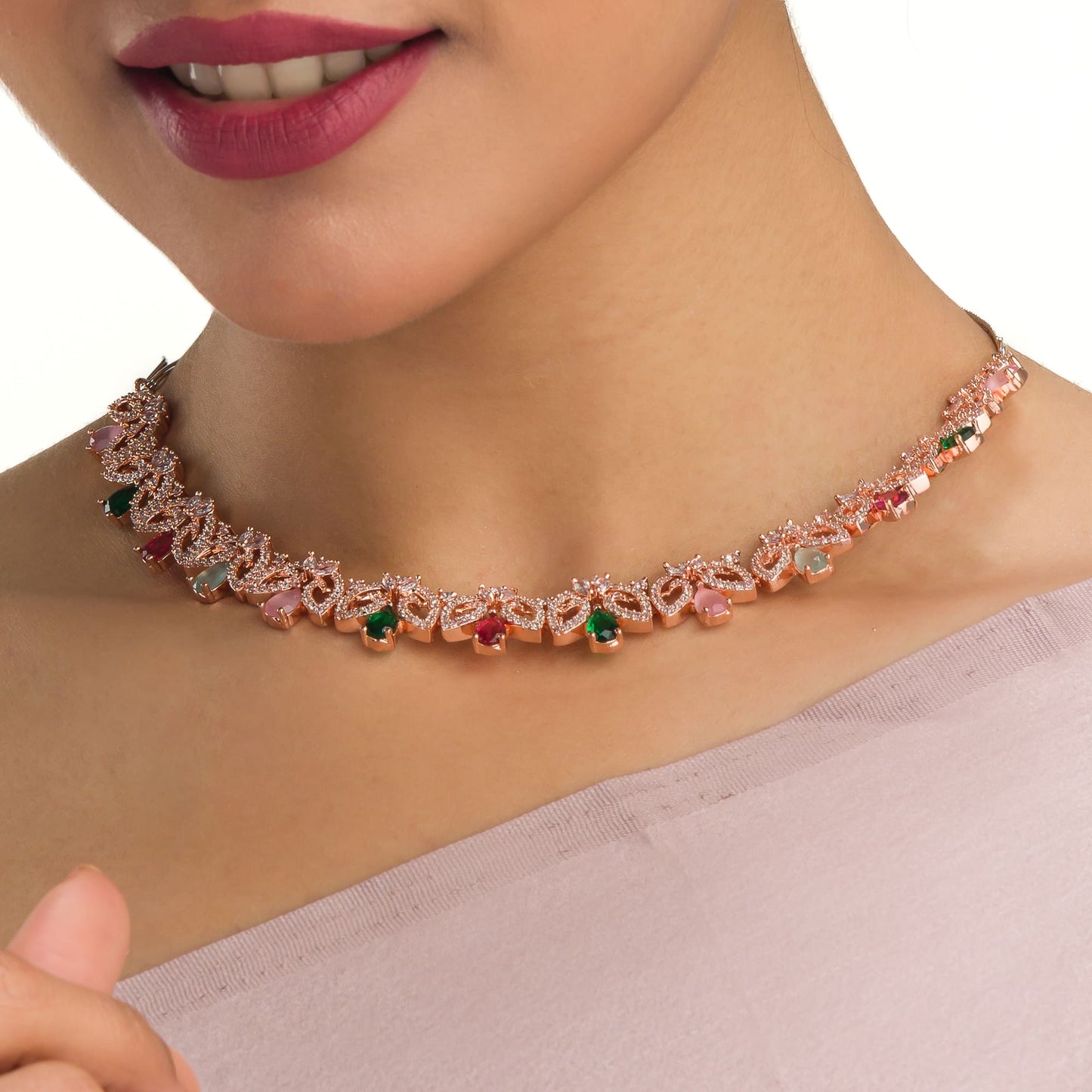 ELEGANT ROSE GOLD NECKLACE SET ADORNED WITH MULTI-COLOR ZIRCON STONES FOR A VIBRANT AND SOPHISTICATED LOOK.