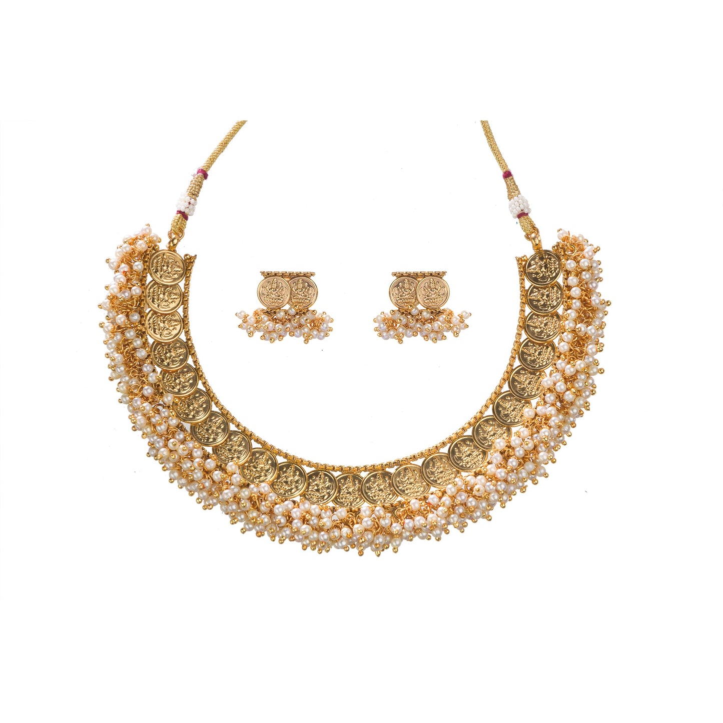 ELEGANT GOLDTONE NECKLACE FEATURING GOLDTONE COINS AND PEARLS FOR A TIMELESS AND REFINED LOOK.