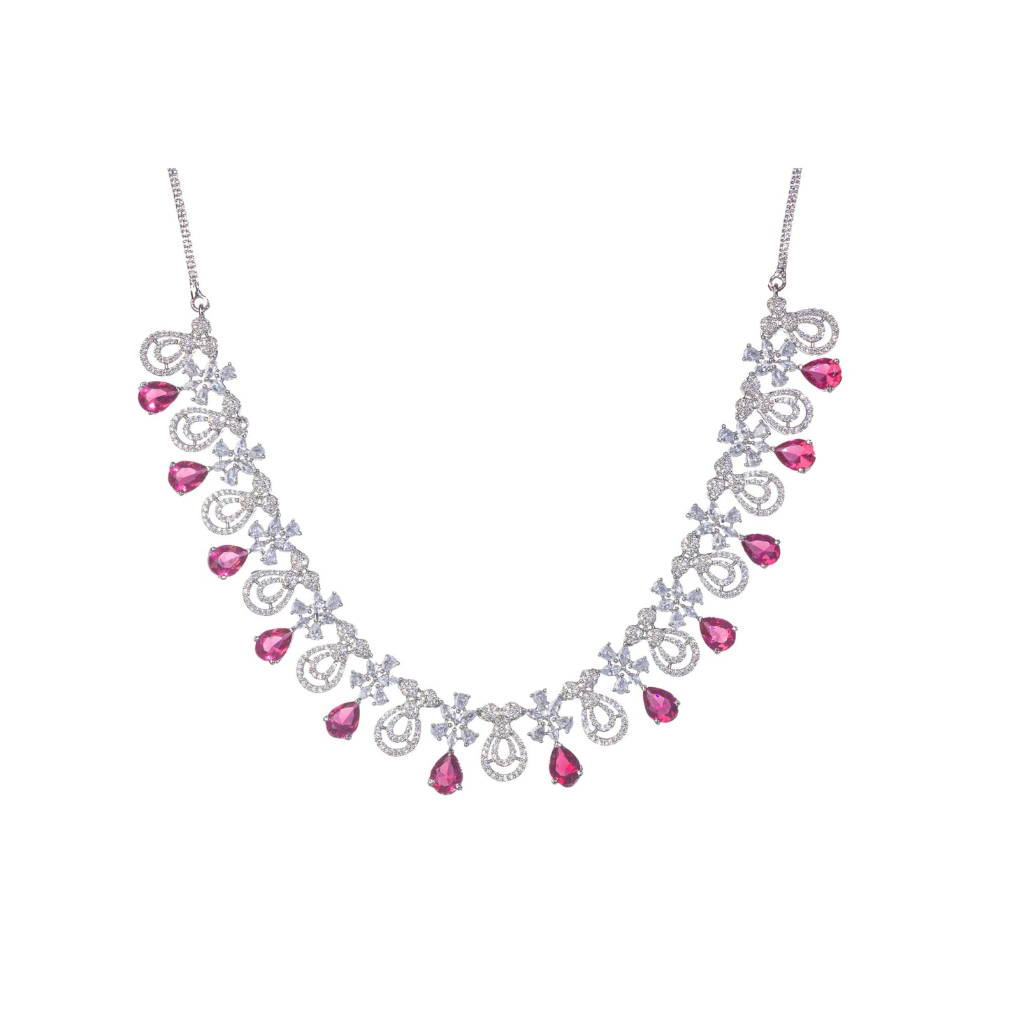 A stunning red and clear necklace set adds a bold, elegant touch to any outfit.