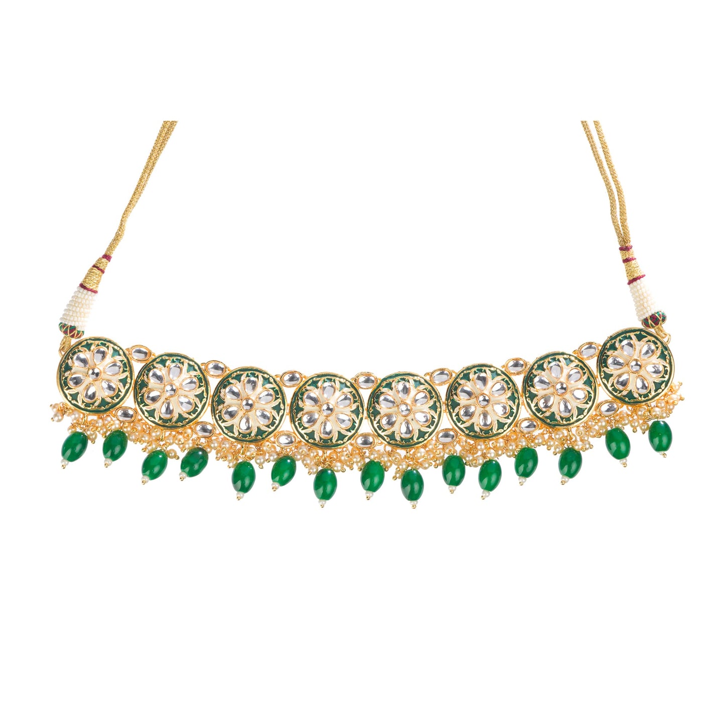 REGAL BRIDAL CHOKER SET FEATURING GREEN KUNDAN FOR A STUNNING AND TRADITIONAL TOUCH.