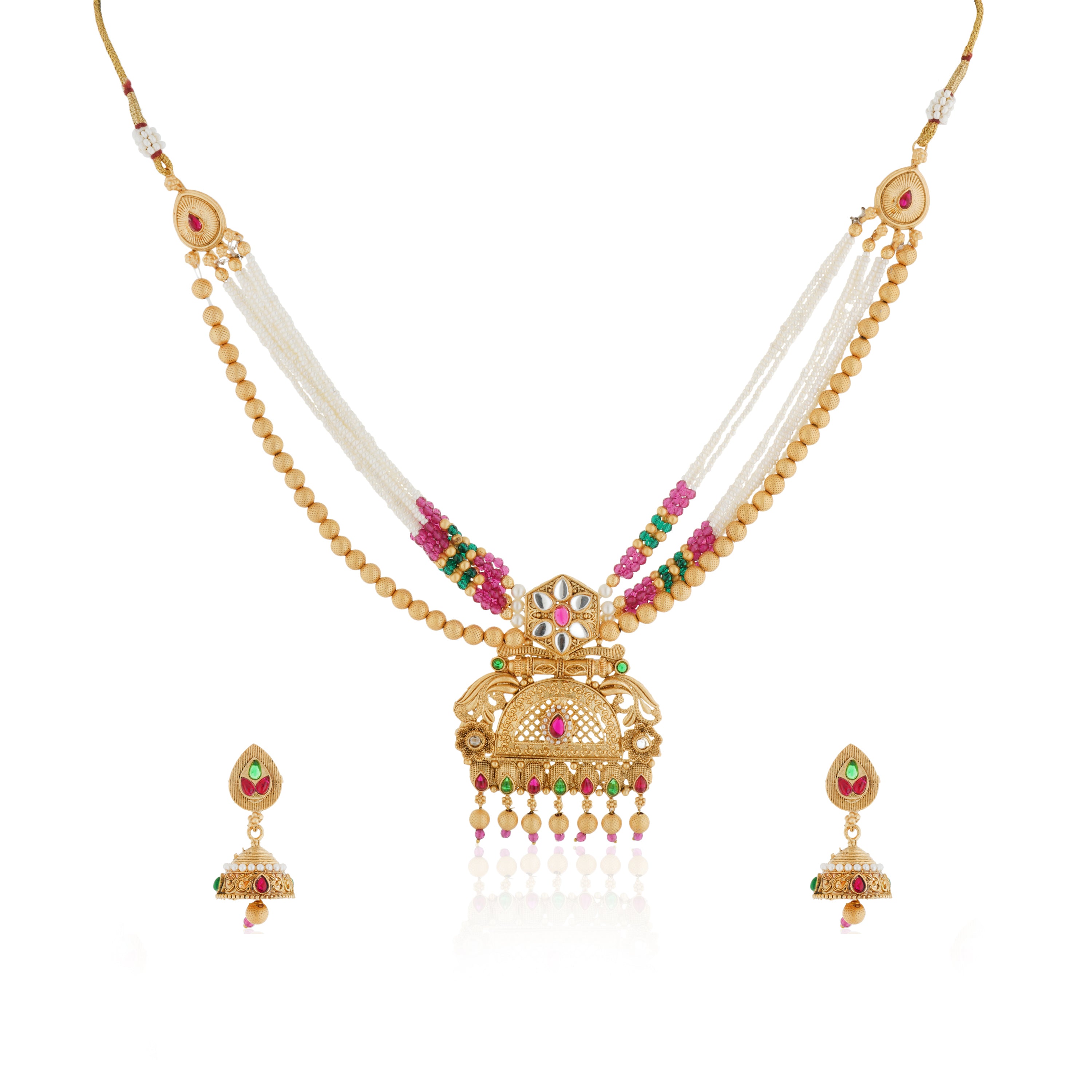 Long gold-tone necklace with multi-colour pearls for a vibrant, elegant, and eye-catching look
