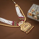 Long gold-tone necklace with multi-colour pearls for a vibrant, elegant, and eye-catching look
