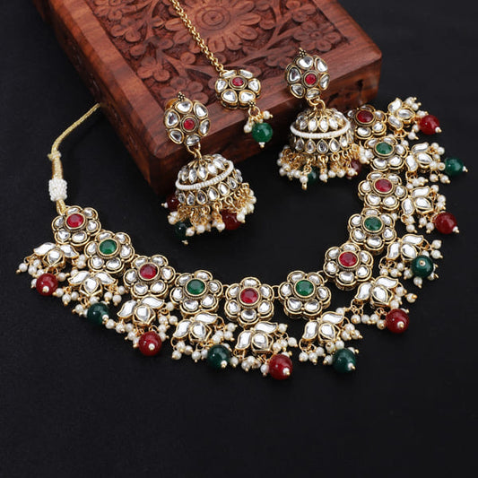 MULTICOLOURED STONES STUDDED GOLDTONE NECKLACE SET WITH MATCHING MAANGTIKA AND EARRINGS