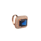 Bold dark blue zircon square ring in rose gold for a modern, sleek, and stylish look
