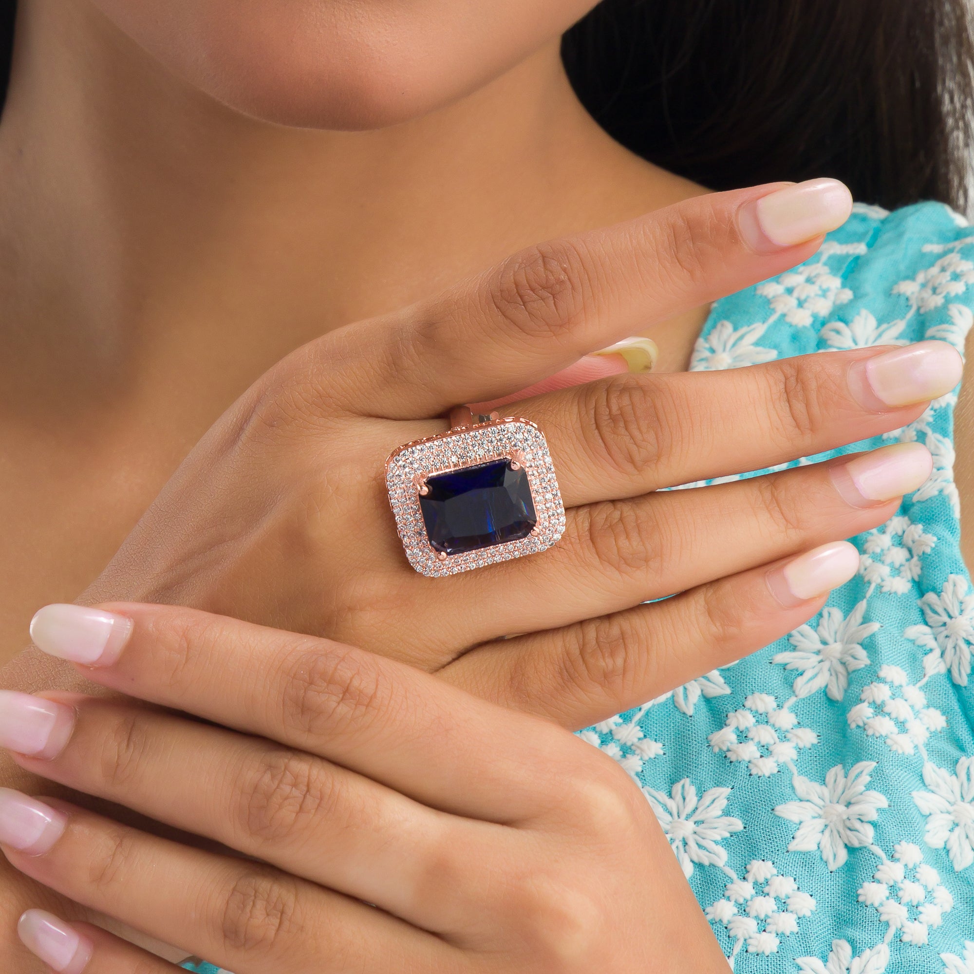 Bold dark blue zircon square ring in rose gold for a modern, sleek, and stylish look
