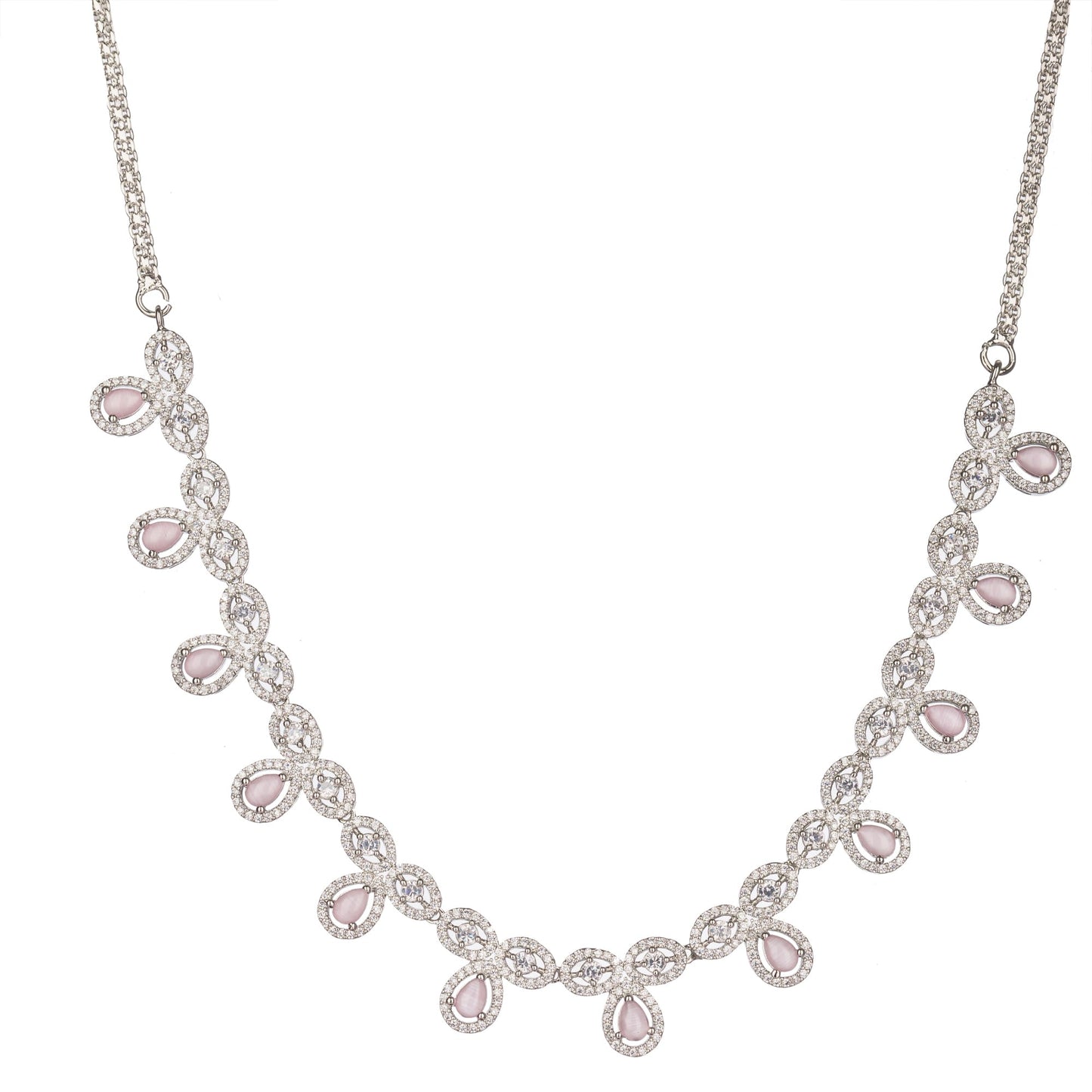 A ZIRCON NECKLACE FEATURING PINK ZIRCON STONES COMBINES DAZZLING CLARITY WITH A VIBRANT, ROMANTIC TOUCH.