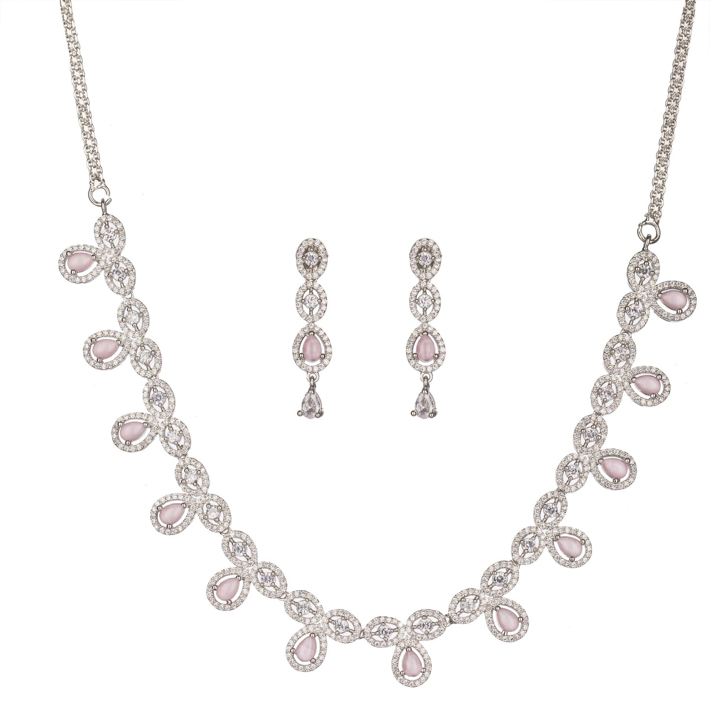 A ZIRCON NECKLACE FEATURING PINK ZIRCON STONES COMBINES DAZZLING CLARITY WITH A VIBRANT, ROMANTIC TOUCH.