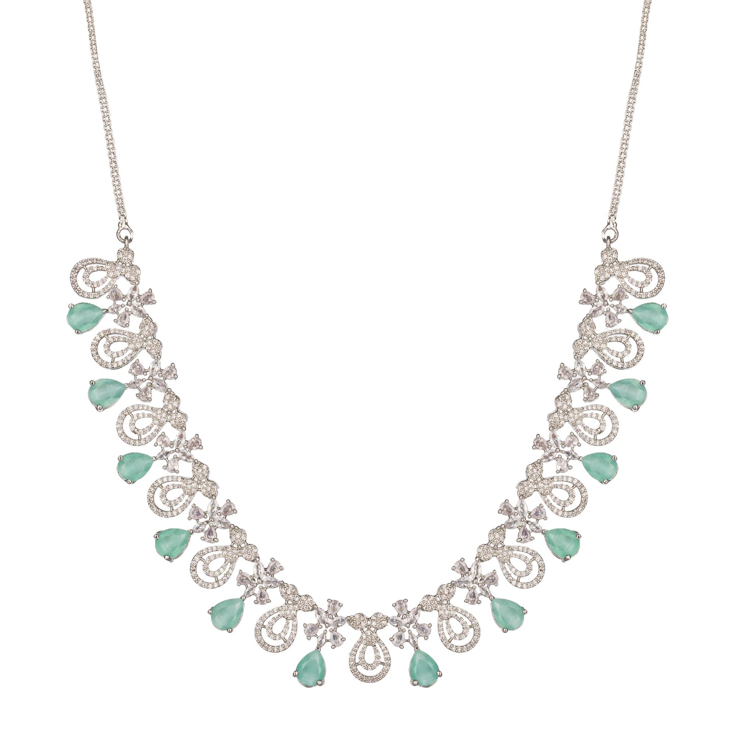 A LIGHT GREEN ZIRCON STONE NECKLACE SET OFFERS A REFRESHING, ELEGANT TOUCH WITH ITS SUBTLE, SPARKLING HUE.