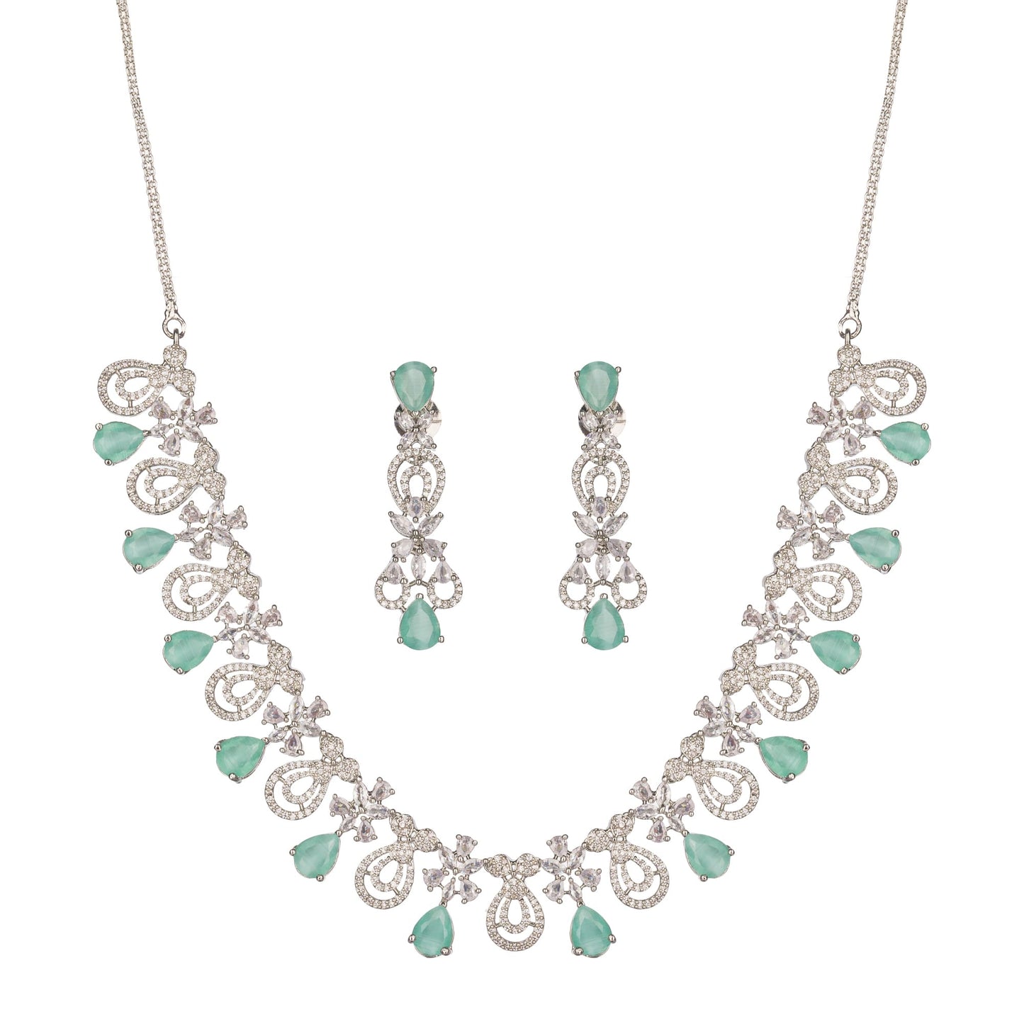 A LIGHT GREEN ZIRCON STONE NECKLACE SET OFFERS A REFRESHING, ELEGANT TOUCH WITH ITS SUBTLE, SPARKLING HUE.