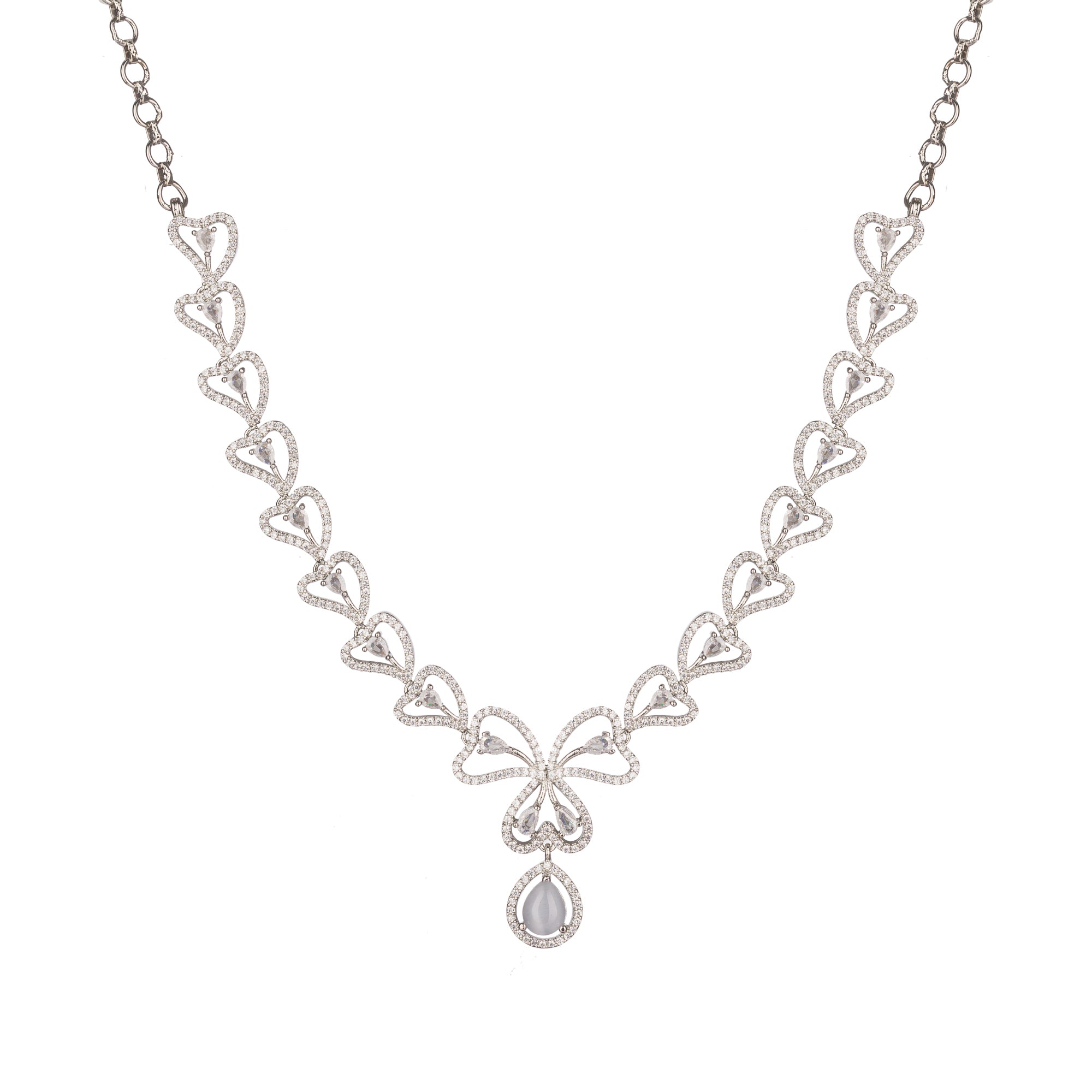 Trendy leaf-shaped silver necklace with white drops for a chic, modern style
