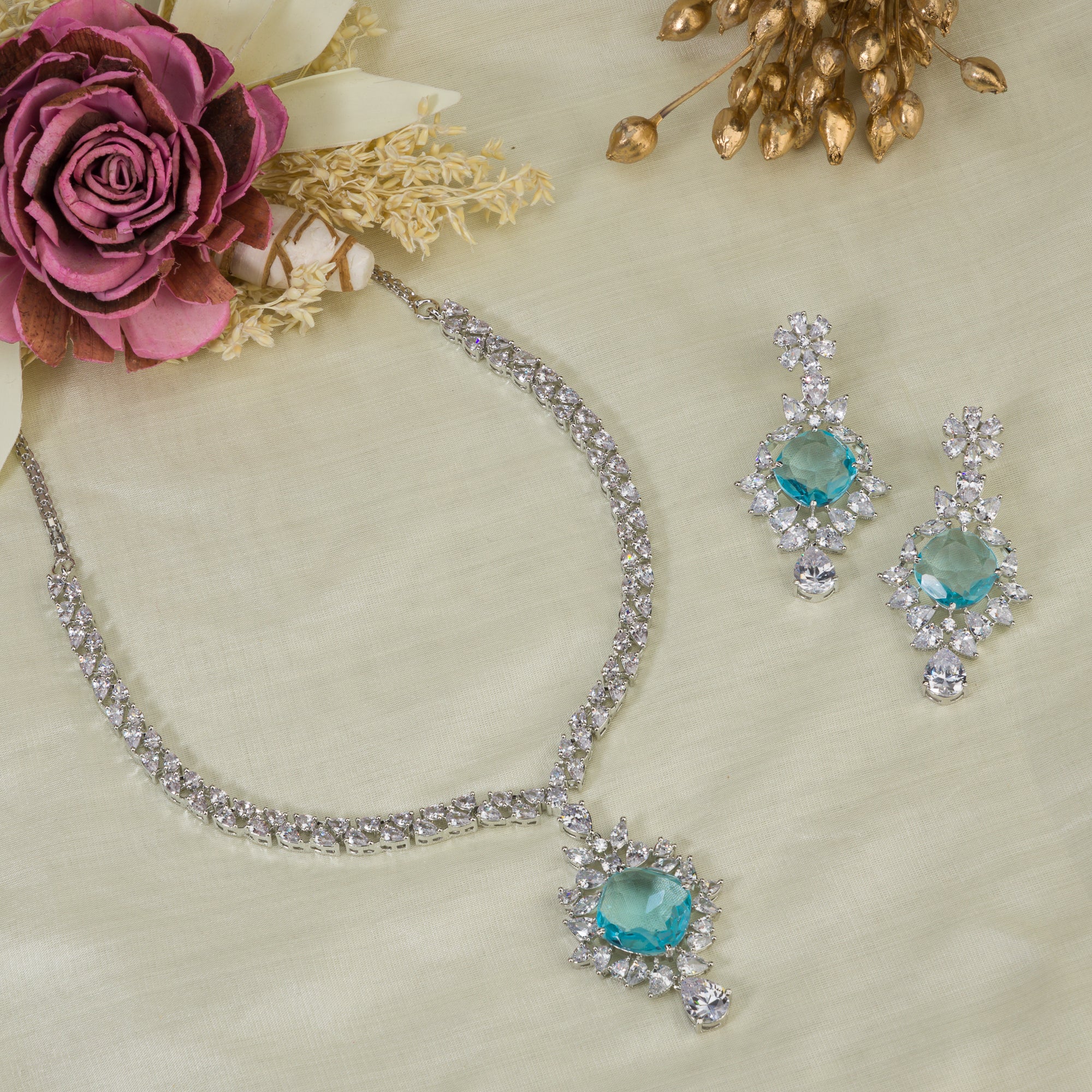 Aqua zircon necklace offering dazzling sparkle with a serene, refreshing hue.
