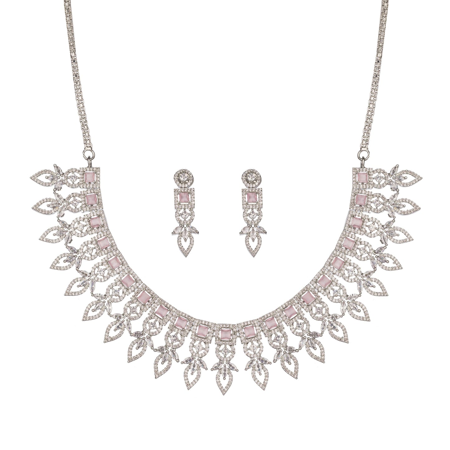 A NECKLACE WITH PINK ZIRCON STONES FEATURES A VIBRANT, ROMANTIC HUE THAT ADDS A TOUCH OF ELEGANCE AND SPARKLE.