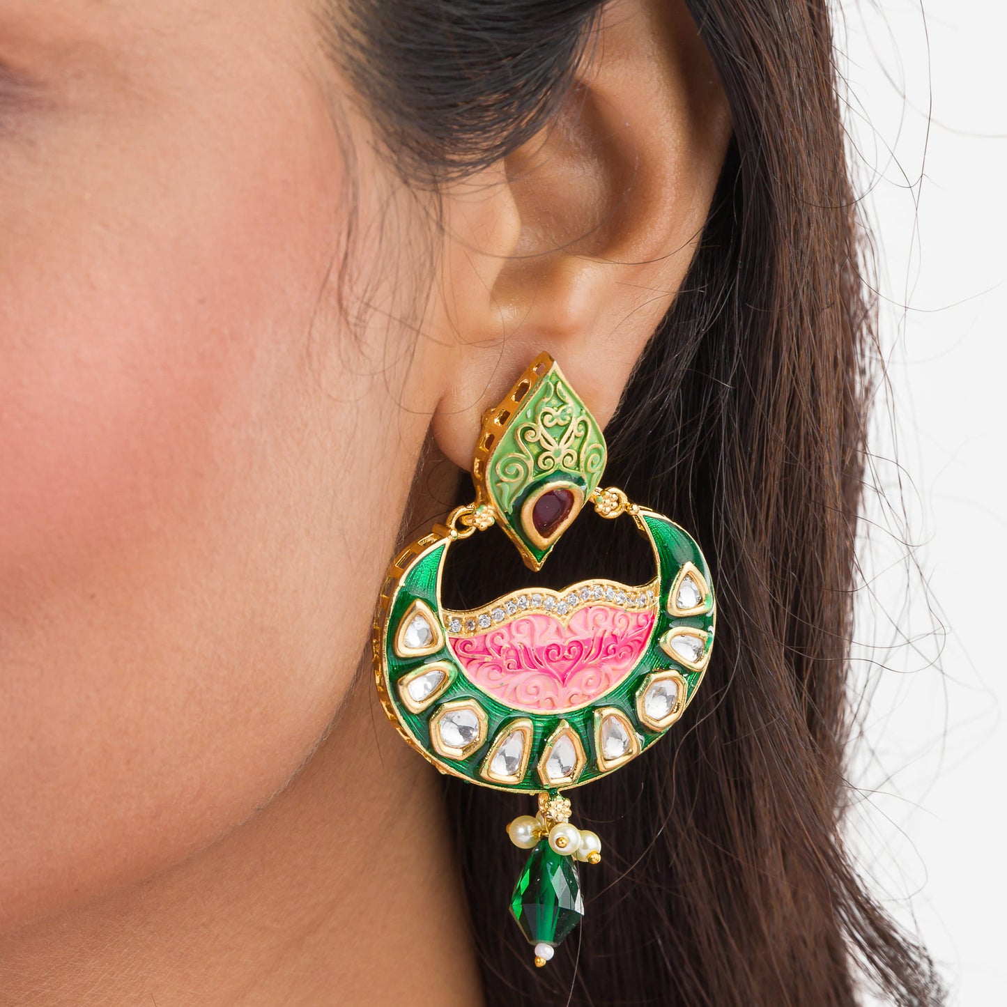 EARRINGS WITH GREEN AND PINK MEENAKARI DESIGN FEATURE VIBRANT ENAMEL WORK THAT ADDS A COLORFUL AND TRADITIONAL TOUCH.