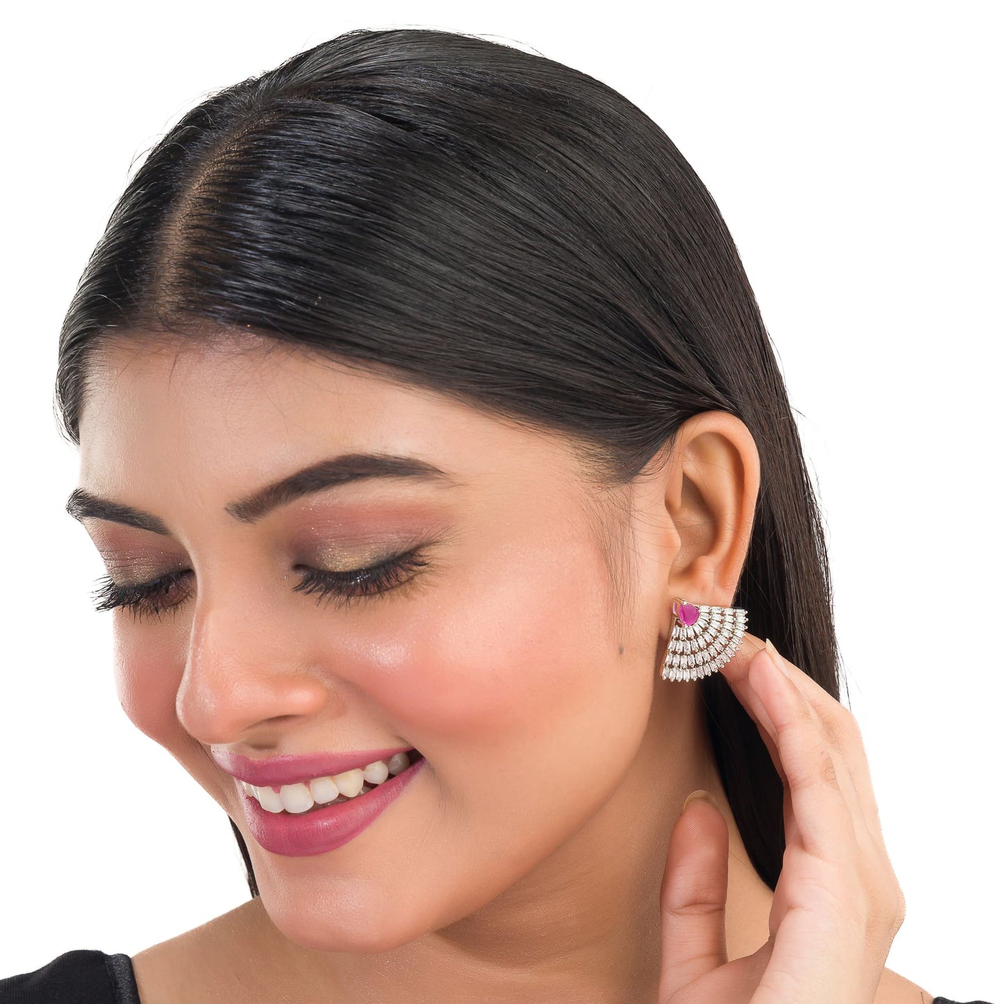 EARRING STUDS WITH PINK AND ZIRCON STONES OFFER A CHARMING COMBINATION OF VIBRANT COLOR AND SPARKLING ELEGANCE.