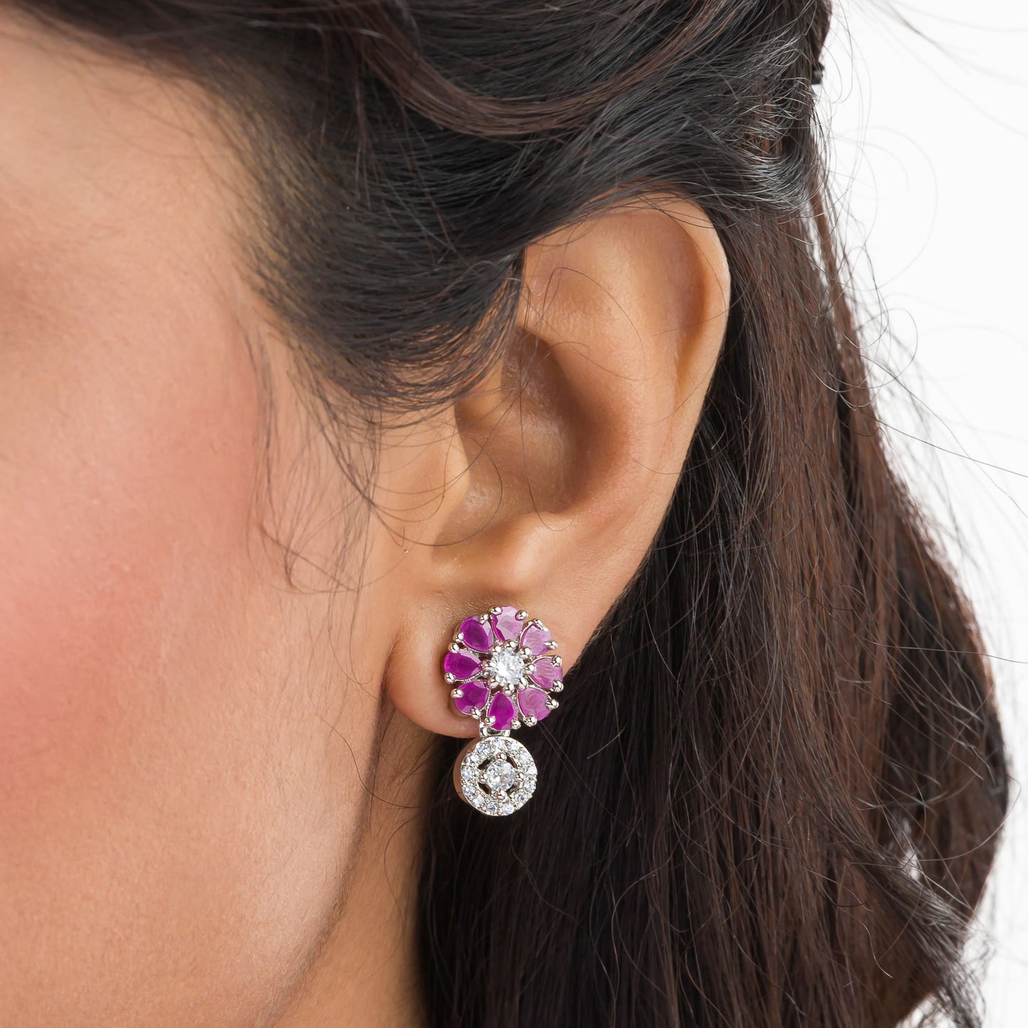 TRENDY ZIRCON  PINK FLOWER LOOK EARRING