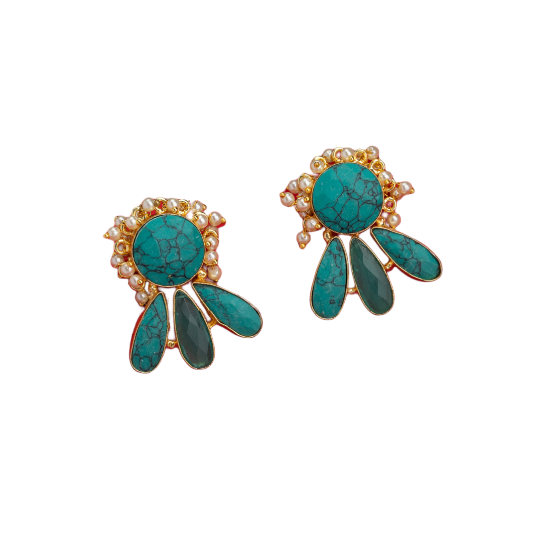 Blue gold-tone earrings with a pearl drop offer classic elegance and vibrant color.
