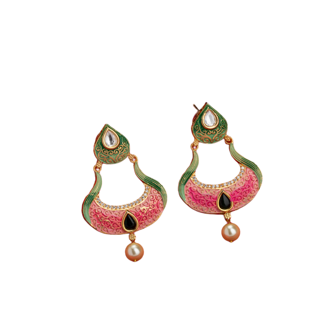 Gold-tone dangler earrings with Meenakari design offer intricate elegance and charm.
