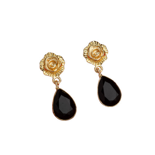 "Rose-design gold-tone stud earrings add timeless elegance for casual wear."
