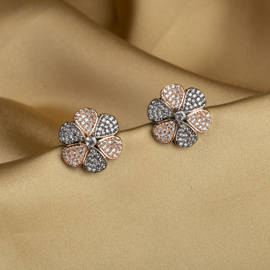 ZIRCON FLOWER-SHAPED EARRINGS WITH ROSE GOLD PAINT BLEND VIBRANT SPARKLE WITH A WARM, ELEGANT FINISH.